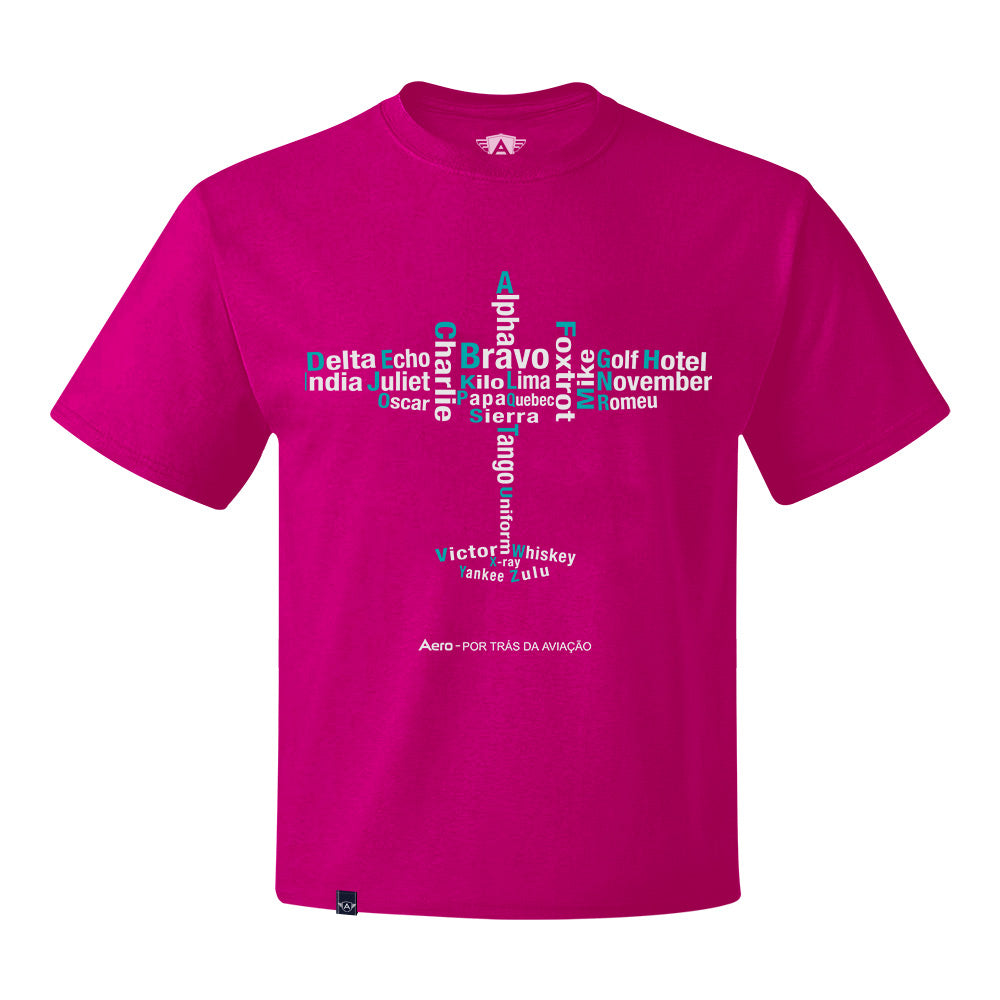 CAMISETA AERO INFANTIL - ALFABETO FONÉTICO NOVA AVIÃO FEMININA ROSA